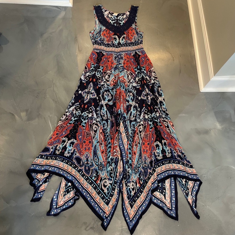 Bila Womens Paisley Handkerchief Hem Maxi Dress Navy Red Boho Crochet Lace M